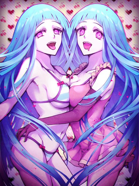 Anime picture 850x1133 with me!me!me! meme (me!me!me!) long hair tall image looking at viewer breasts open mouth light erotic standing multiple girls signed blue hair cleavage pink eyes hand on hip breast press dual persona symmetrical docking girl dress
