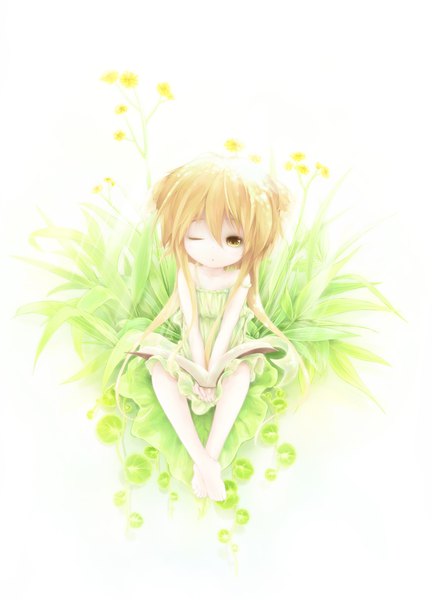 Anime picture 1200x1665 with original manahui single long hair tall image fringe blonde hair hair between eyes sitting bare shoulders animal ears yellow eyes payot one eye closed sunlight off shoulder sleeveless light strap slip between legs