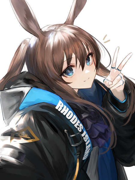 Anime picture 1500x2000 with arknights amiya (arknights) jazztaki single long hair tall image looking at viewer fringe blue eyes simple background smile hair between eyes brown hair white background animal ears payot upper body ponytail bunny ears victory
