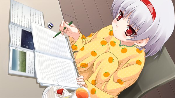 Anime picture 1024x576 with yukiiro short hair red eyes wide image game cg white hair loli food print girl hairband sweets cake pajamas notebook