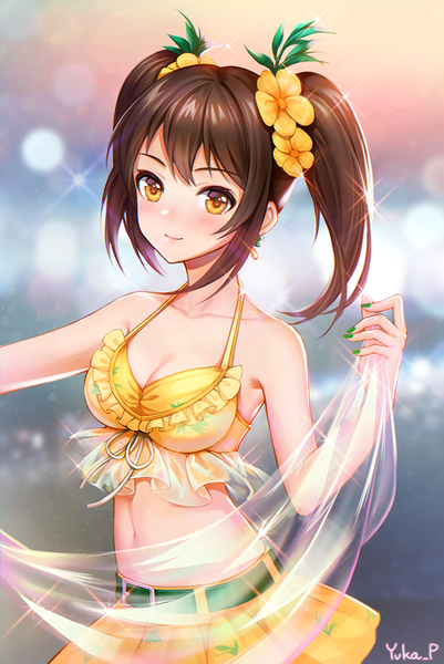 Anime picture 669x1000 with idolmaster idolmaster cinderella girls nakano yuka redamon single tall image looking at viewer blush fringe short hair breasts smile hair between eyes brown hair large breasts standing twintails bare shoulders holding brown eyes