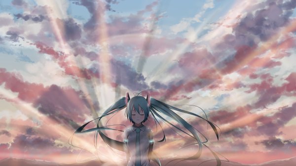 Anime picture 2570x1447 with vocaloid hatsune miku nagareboshi single long hair highres smile wide image twintails sky cloud (clouds) eyes closed very long hair aqua hair evening sunset morning sunrise girl detached sleeves
