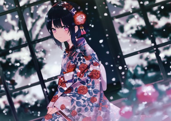 Anime picture 2964x2111 with original achiki single looking at viewer blush fringe highres short hair black hair sitting payot outdoors traditional clothes japanese clothes pink eyes hair flower light smile blurry scan wide sleeves