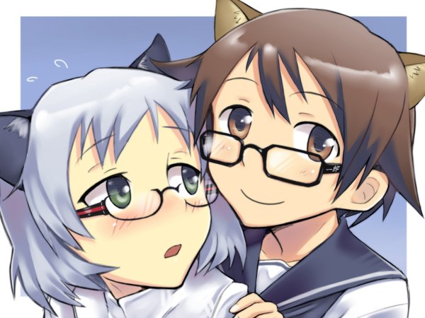 Anime picture 1600x1200 with strike witches miyafuji yoshika sanya v. litvyak em blush highres short hair smile brown hair multiple girls brown eyes green eyes animal ears silver hair cat ears girl uniform 2 girls school uniform glasses