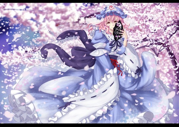 Anime picture 1820x1300 with touhou saigyouji yuyuko untue single long hair highres red eyes pink hair cherry blossoms girl dress plant (plants) petals tree (trees) obi