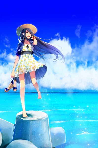 Anime picture 796x1200 with original retsuna single long hair tall image open mouth blue eyes black hair looking away sky cloud (clouds) barefoot girl dress hat sea sundress straw hat sandals platform footwear