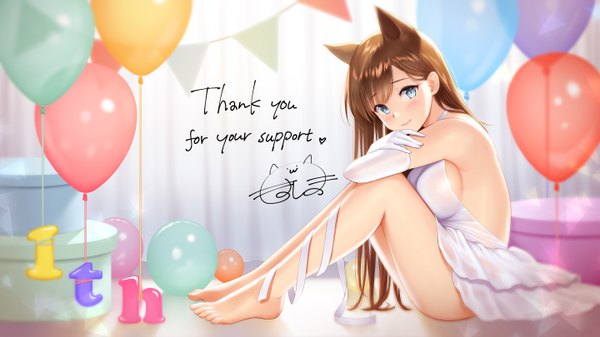 Anime picture 5760x3240 with original re:shimashima single long hair looking at viewer blush fringe highres breasts blue eyes light erotic smile brown hair wide image large breasts sitting signed animal ears absurdres full body