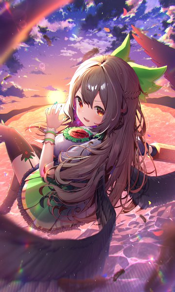 Anime picture 1200x2000 with touhou reiuji utsuho kiramarukou single long hair tall image fringe hair between eyes red eyes brown hair sky cloud (clouds) turning head evening sunset half updo flying black wings arm cannon girl