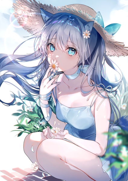 Anime picture 1013x1433 with original miwano rag single long hair tall image looking at viewer blush fringe breasts blue eyes hair between eyes bare shoulders signed animal ears silver hair tail animal tail hair flower wind blurry