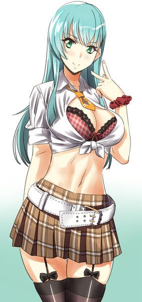 Anime picture 943x2000 with kantai collection suzuya heavy cruiser wamwam single long hair tall image light erotic simple background green eyes cleavage green hair open clothes midriff open shirt plaid skirt victory girl thighhighs skirt navel