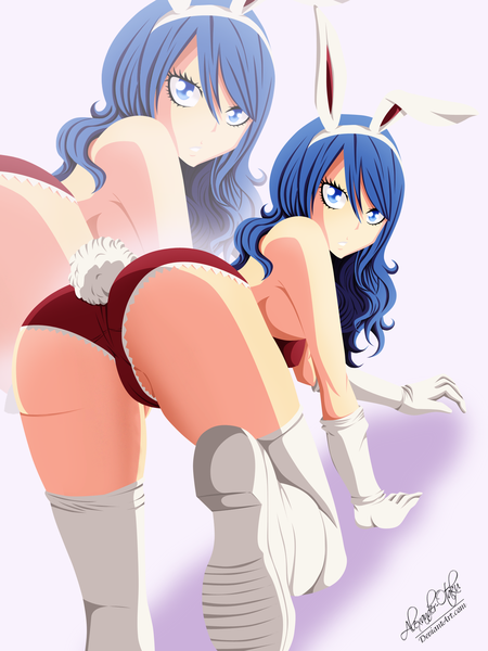 Anime picture 1500x2002 with fairy tail juvia lockser alexander-otaku single long hair tall image blue eyes light erotic animal ears blue hair ass tail animal tail looking back bunny ears coloring bunny girl bunny tail zoom layer girl