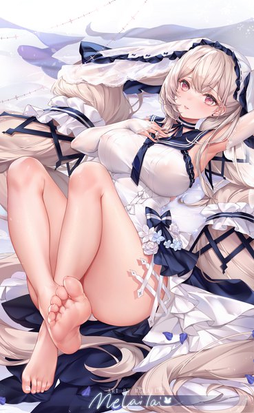 Anime picture 2000x3255 with azur lane formidable (azur lane) formidable (timeless classics) (azur lane) melailai single tall image looking at viewer blush fringe highres breasts light erotic large breasts signed silver hair bent knee (knees) lying blunt bangs very long hair parted lips