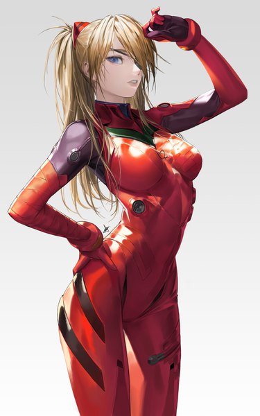 Anime picture 2480x3970 with neon genesis evangelion rebuild of evangelion evangelion: 3.0 you can (not) redo gainax soryu asuka langley shikinami asuka langley ake (cherrylich) single long hair tall image looking at viewer fringe highres breasts blue eyes simple background standing hair over one eye orange hair grey background