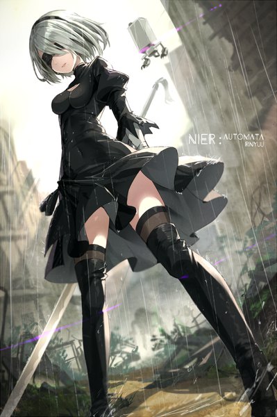 Anime picture 652x981 with nier nier:automata yorha no. 2 type b pod (nier:automata) rin yuu tall image short hair standing signed sky silver hair full body mole from below zettai ryouiki puffy sleeves copyright name hands behind back mole under mouth ruins