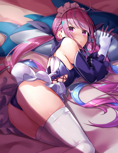 Anime-Bild 857x1114 mit virtual youtuber hololive minato aqua shimo (shimo332215) single long hair tall image looking at viewer blush fringe light erotic twintails payot pink hair ahoge lying braid (braids) pink eyes multicolored hair two-tone hair