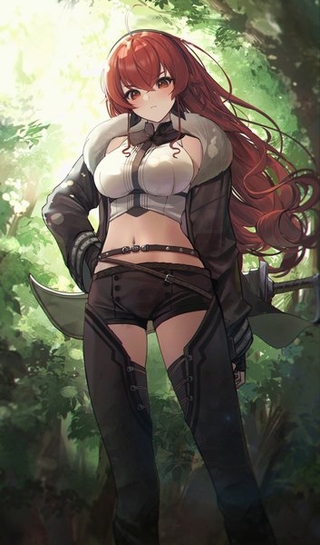Anime picture 1706x2900 with mushoku tensei studio bind eris boreas greyrat lunia single long hair tall image looking at viewer blush fringe highres breasts hair between eyes red eyes large breasts standing payot ahoge outdoors red hair