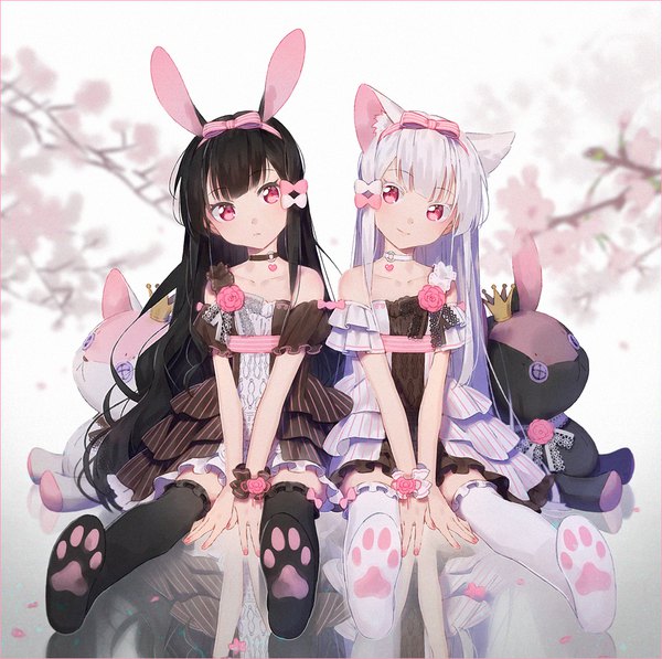 Anime picture 1000x995 with original hakusai (tiahszld) long hair blush fringe black hair smile sitting multiple girls animal ears white hair nail polish head tilt pink eyes bunny ears cherry blossoms reflection face to face between legs cute