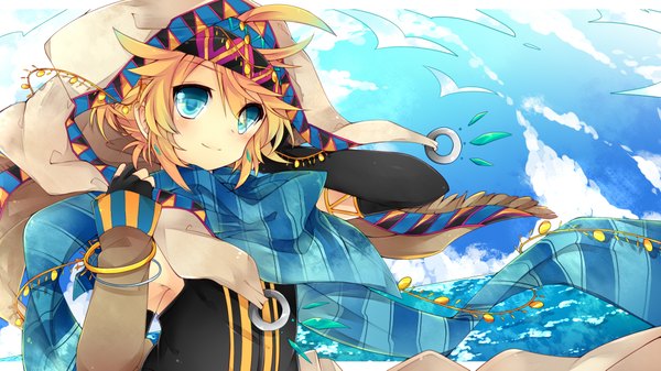 Anime picture 2000x1125 with vocaloid kagamine len leeannpippisum single blush highres short hair blue eyes blonde hair wide image sky cloud (clouds) light smile wind boy scarf