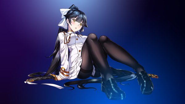 Anime picture 3840x2160 with azur lane takao (azur lane) assassinwarrior merufena single blush fringe highres breasts light erotic black hair hair between eyes wide image sitting yellow eyes absurdres ponytail long sleeves very long hair parted lips