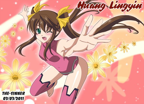 Anime picture 1100x800 with infinite stratos 8bit fang linyin the-sinner single long hair looking at viewer blush open mouth light erotic smile brown hair twintails green eyes one eye closed wink girl bodysuit
