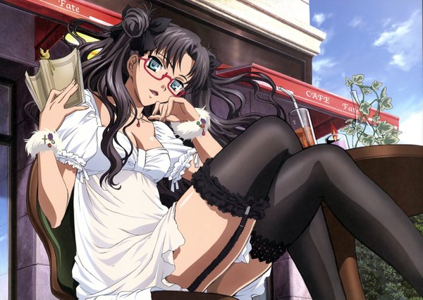 Anime picture 6578x4667 with fate (series) fate/stay night studio deen type-moon toosaka rin highres breasts blue eyes light erotic black hair sitting absurdres cleavage scan from below crossed legs girl thighhighs dress black thighhighs