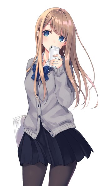 Anime picture 821x1500 with original rimo single long hair tall image looking at viewer blush fringe breasts blue eyes simple background brown hair white background holding long sleeves head tilt pleated skirt arm up striped covered mouth