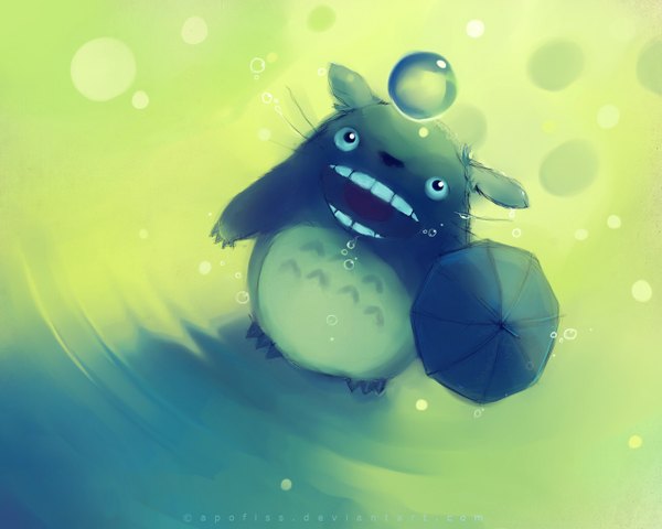 Anime picture 1280x1024 with tonari no totoro studio ghibli totoro apofiss single open mouth animal umbrella bubble (bubbles)