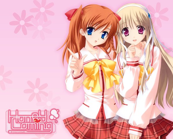 Anime picture 1280x1024 with honey coming clarissa satsuki maezono kamijou asahi rakko looking at viewer fringe open mouth blue eyes blonde hair hair between eyes multiple girls braid (braids) long sleeves orange hair two side up copyright name floral print plaid skirt side braid hand to mouth