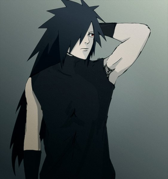 Anime picture 1000x1067 with naruto studio pierrot naruto (series) uchiha madara god66666666 single long hair tall image fringe standing looking away upper body arm up hair over one eye sleeveless arm behind head spiked hair sharingan boy turtleneck