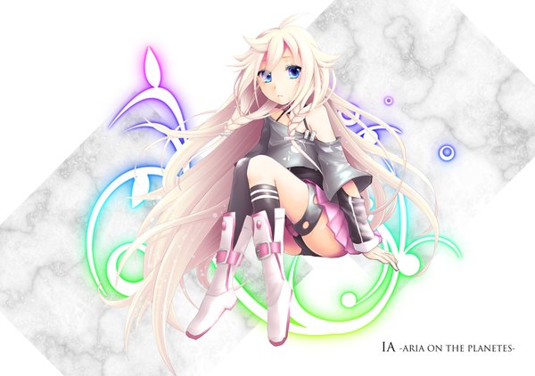 Anime picture 1594x1122 with vocaloid ia (vocaloid) looking at viewer blue eyes blonde hair sitting bare shoulders braid (braids) very long hair twin braids girl dress boots thigh boots