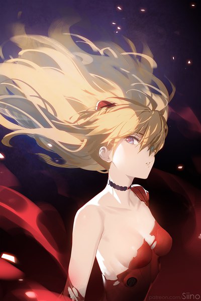 Anime picture 1200x1800 with neon genesis evangelion gainax soryu asuka langley siino single long hair tall image looking at viewer fringe breasts light erotic blonde hair purple eyes signed payot upper body parted lips hair over one eye floating hair torn clothes