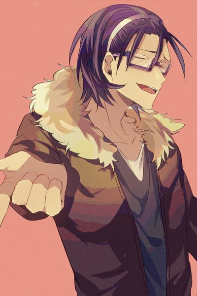 Anime picture 559x837 with yowamushi pedal toudou jinpachi ailm single tall image fringe short hair open mouth simple background purple hair eyes closed open clothes open jacket outstretched arm pink background bespectacled boy glasses jacket fur