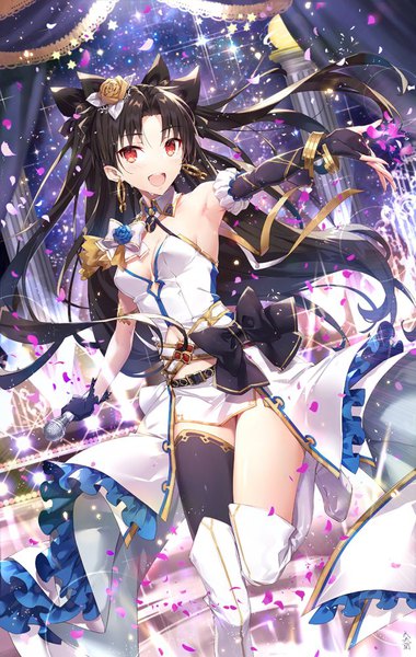 Anime picture 634x1000 with fate (series) fate/grand order ishtar (fate) gabiran single long hair tall image looking at viewer blush fringe breasts open mouth light erotic black hair smile red eyes standing bare shoulders holding cleavage