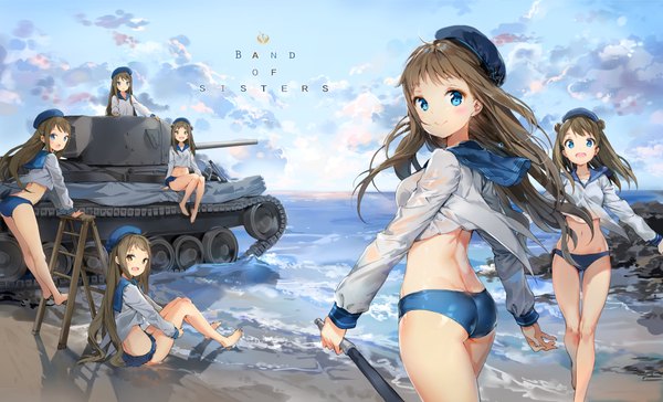 Anime picture 2019x1225 with original anmi long hair blush highres open mouth blue eyes light erotic smile brown hair wide image multiple girls sky cloud (clouds) ass 6+ girls 6 girls girl navel underwear