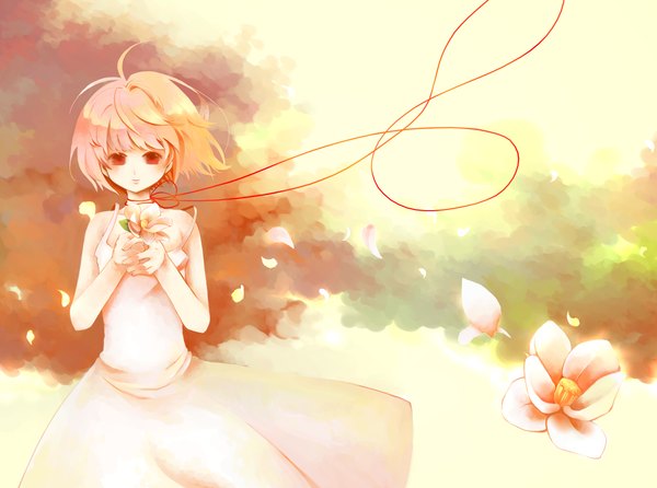 Anime picture 1350x1005 with kiwifruit144 single short hair red eyes standing pink hair wind sleeveless yellow background girl dress flower (flowers) petals thread red thread