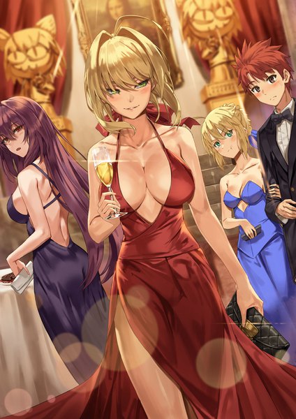 Anime picture 1000x1414 with fate (series) fate/grand order fate/extra artoria pendragon (all) saber scathach (fate) (all) nero claudius (fate) (all) emiya shirou mona lisa rainmaker long hair tall image looking at viewer blush fringe short hair breasts light erotic blonde hair smile