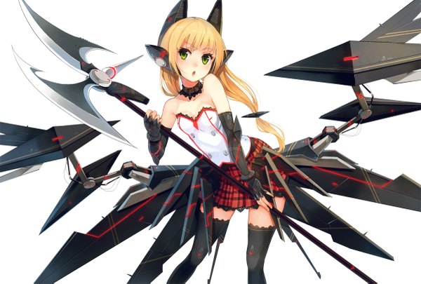 Anime picture 1200x811 with original paseri single long hair simple background blonde hair white background bare shoulders green eyes girl thighhighs skirt weapon black thighhighs detached sleeves miniskirt