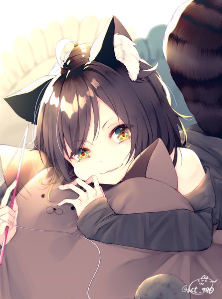 Anime picture 1484x2000 with original chita (ketchup) single tall image looking at viewer fringe short hair black hair hair between eyes holding signed animal ears yellow eyes ahoge tail lying head tilt animal tail light smile off shoulder