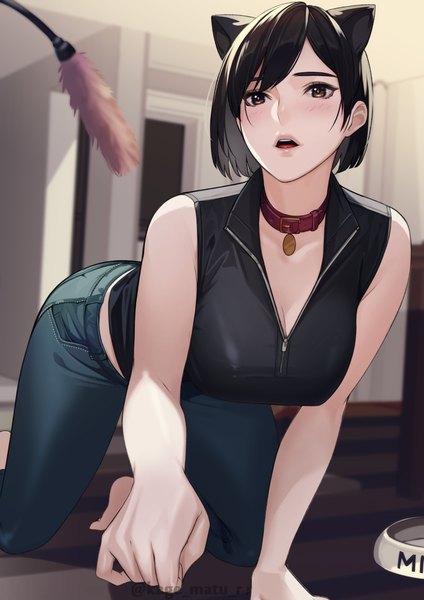 Anime picture 1736x2456 with original kagematsuri single tall image blush fringe highres short hair breasts open mouth black hair bare shoulders brown eyes signed animal ears looking away cleavage indoors blurry cat ears