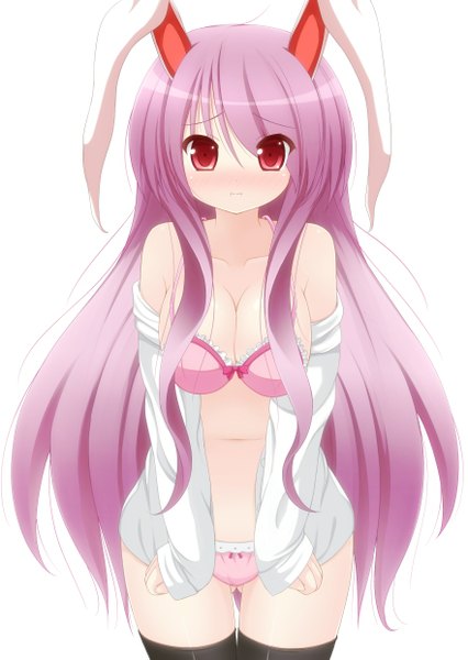 Anime picture 882x1241 with touhou reisen udongein inaba chimunge single long hair tall image looking at viewer blush breasts light erotic simple background red eyes white background animal ears purple hair open clothes bunny ears open shirt bunny girl girl