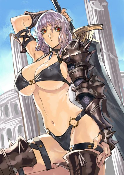 Anime picture 706x1000 with original ranou single tall image blush short hair breasts light erotic large breasts looking away sky cleavage purple hair cloud (clouds) bare belly orange eyes erect nipples underboob covered nipples arms behind head