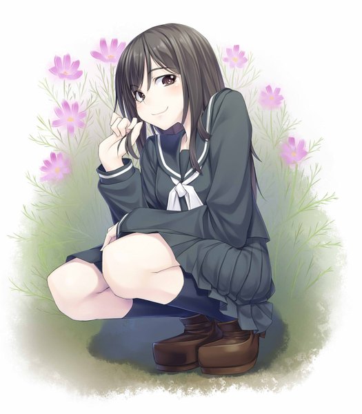 Anime picture 1400x1600 with original h kasei single long hair tall image black hair brown eyes girl flower (flowers) socks serafuku black socks