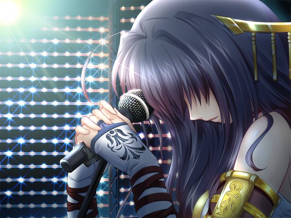 Anime picture 1024x768 with oresama no ragnarock long hair game cg silver hair hair over eyes girl microphone