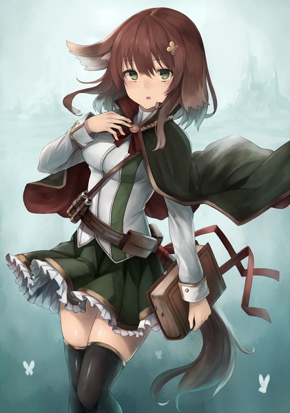 Anime-Bild 1000x1424 mit original snm (sunimi) single tall image looking at viewer blush fringe short hair open mouth simple background brown hair standing holding green eyes animal ears long sleeves pleated skirt zettai ryouiki gradient background hand on chest