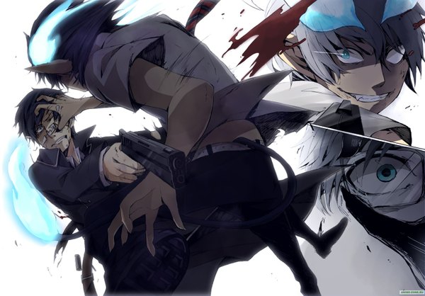 Anime picture 1500x1047 with ao no exorcist a-1 pictures okumura rin okumura yukio short hair blue eyes black hair simple background white background blue hair tail pointy ears twins battle boy glasses blood pistol flame