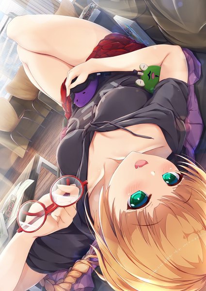 Anime picture 944x1334 with original hinoka (allen) single long hair tall image looking at viewer blush fringe breasts open mouth blonde hair hair between eyes holding green eyes cleavage bent knee (knees) lying braid (braids) sunlight bare legs