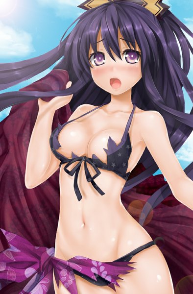Anime picture 686x1045 with date a live yatogami tooka pitui1996 (krmn-chan) single tall image looking at viewer blush open mouth light erotic black hair purple eyes bare shoulders sky cloud (clouds) very long hair sunlight bare legs bare belly beach torn clothes