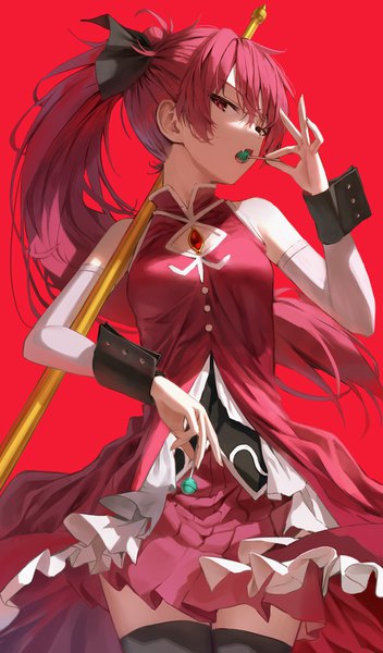 Anime picture 1200x2046 with mahou shoujo madoka magica shaft (studio) sakura kyouko superpig (wlstjqdla) single long hair tall image looking at viewer fringe open mouth simple background hair between eyes red eyes standing bare shoulders holding ponytail red hair pleated skirt arm up
