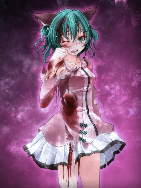 Anime picture 1200x1600 with touhou kasodani kyouko s-syogo single tall image short hair green eyes animal ears one eye closed green hair wink tears torn clothes girl dress blood
