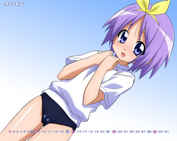 Anime picture 1280x1024 with lucky star kyoto animation hiiragi tsukasa wave ride single looking at viewer blush short hair open mouth blue eyes light erotic simple background purple hair girl uniform underwear panties ribbon (ribbons) hair ribbon gym uniform